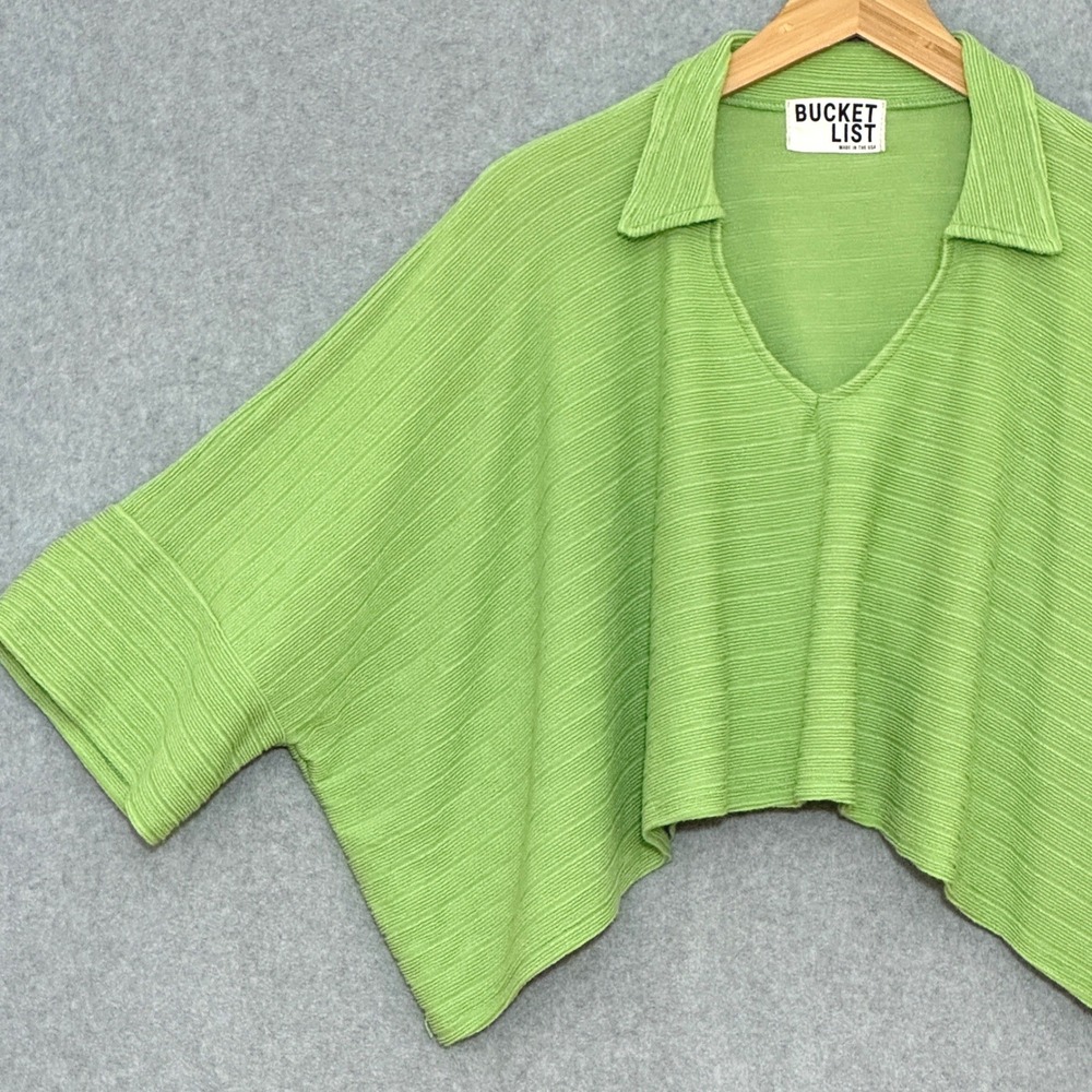 Bucket List Womens Top S Lime Green Ribbed Knit Crop Dolman Slouchy Retro Modern